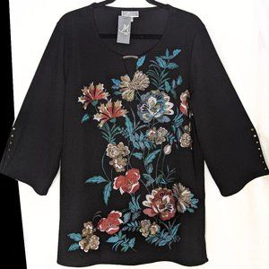 NWT JM COLLECTION 2X 1X Glittery Autumn Floral Print Stretch Textured Blouse